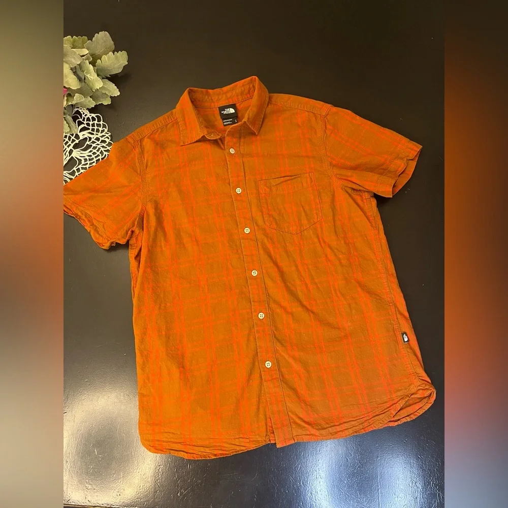 The North Face Tan Rust Orange Plaid Shirt Sleeve Button Up Shirt Mens Sz‎ M